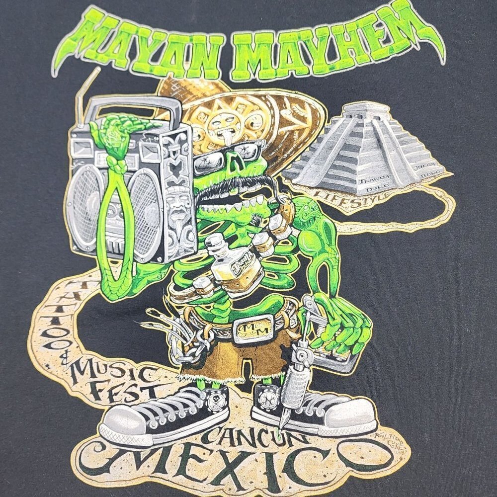 Mayan Mayhem Tattoo and Music Fest Black Cotton T-Shirt, Men's XL